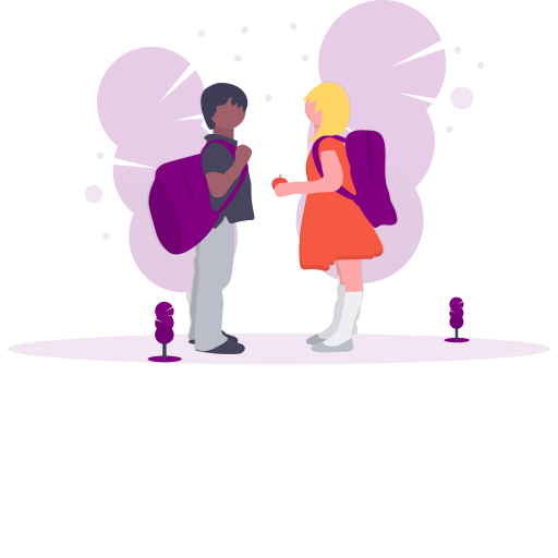 NDIS Speech Therapy for Kids. A drawing of a boy and a girl at school talking outside while wearing backpacks.
