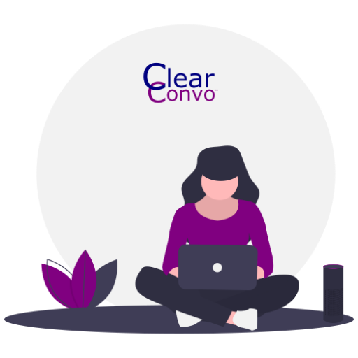 Book speech therapy. A drawing of of a woman sitting with her laptop and booking a speech therapy session with ClearConvo.