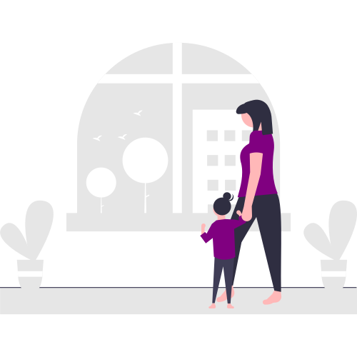 A drawing of a mother and daughter looking out a window and chatting about speech therapy.