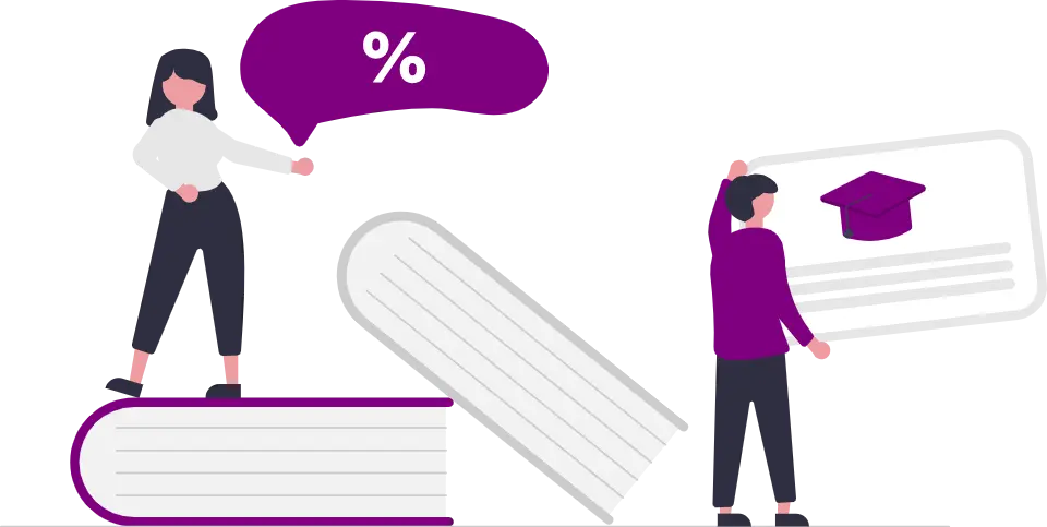 An illustration with a girl on the left standing on giant books and speech bubble with text that cannot be understood. On the right is a male who is holding a giant screen with a graduation hat and text below. Both depict concerns of speech, reading and the need for aphasia speech therapy.