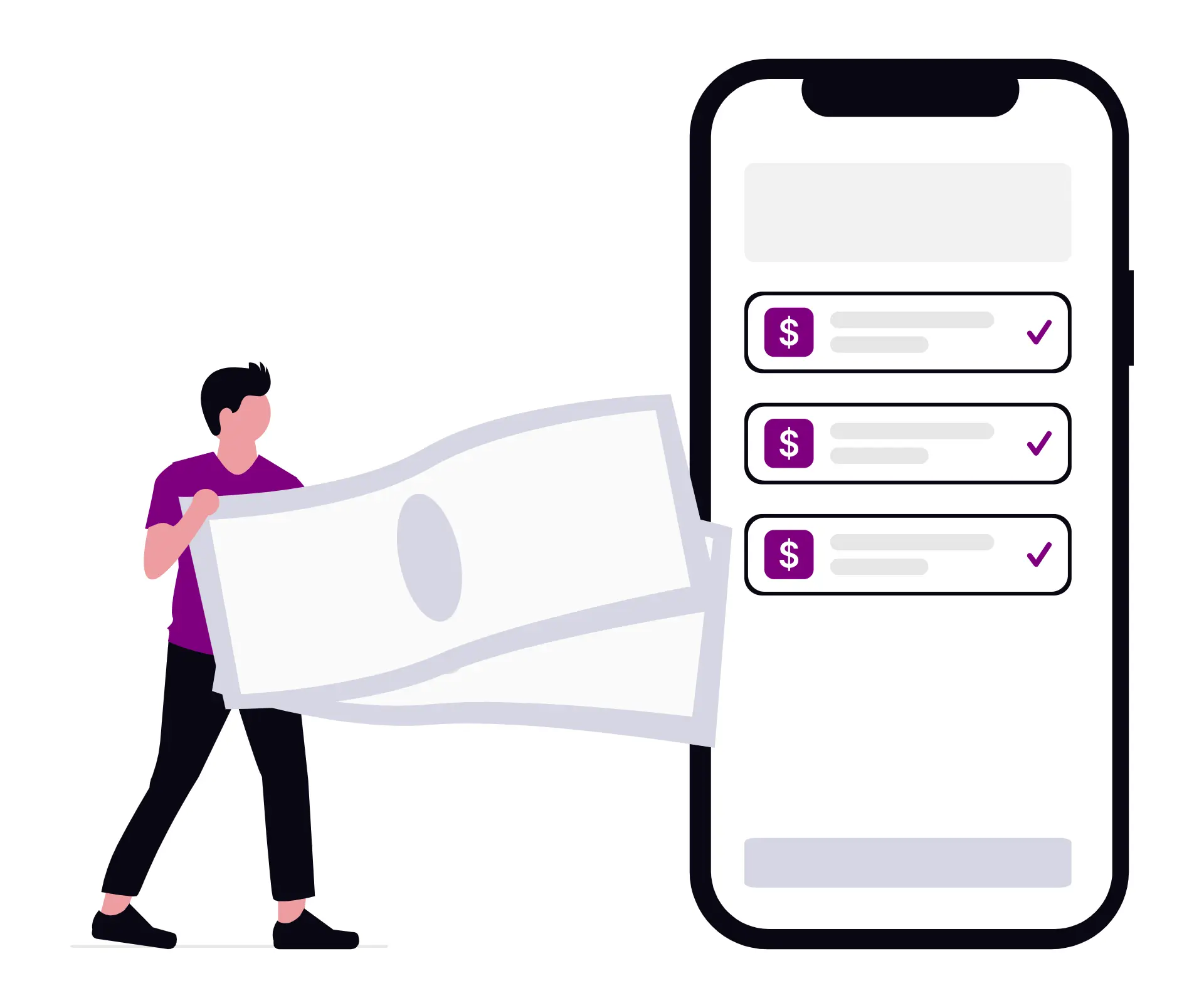 illustration of a man adding funds to a mobile device with checkbox items