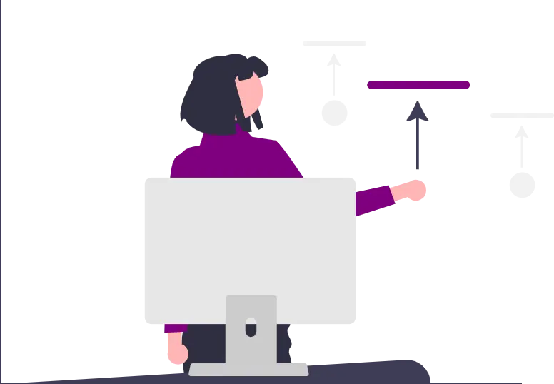 Illustration of a woman in front of a computer, looking to the right with her arm out and an arrow pointing up to speech therapy services.